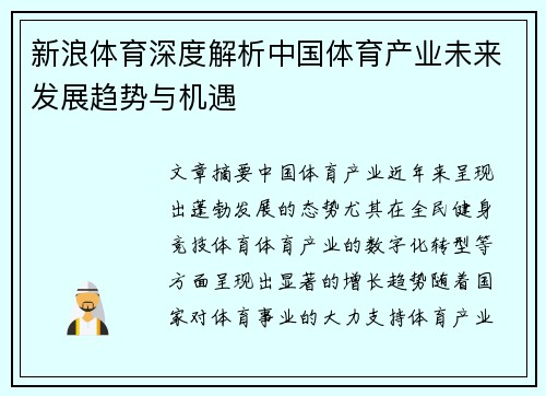 新浪体育深度解析中国体育产业未来发展趋势与机遇