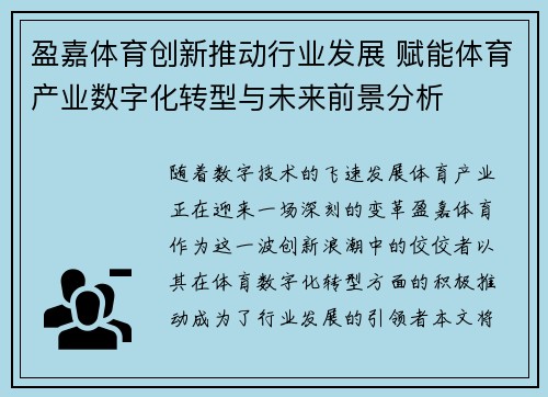 盈嘉体育创新推动行业发展 赋能体育产业数字化转型与未来前景分析