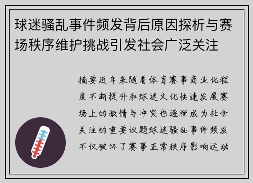 球迷骚乱事件频发背后原因探析与赛场秩序维护挑战引发社会广泛关注